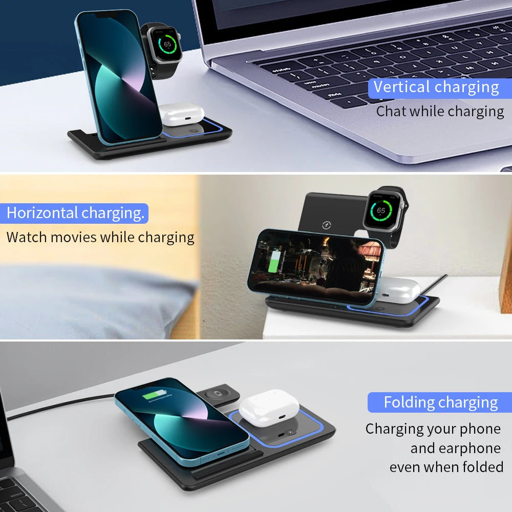 3-in-1 Foldable Fast Wireless Charger for iPhone, Watch & AirPods