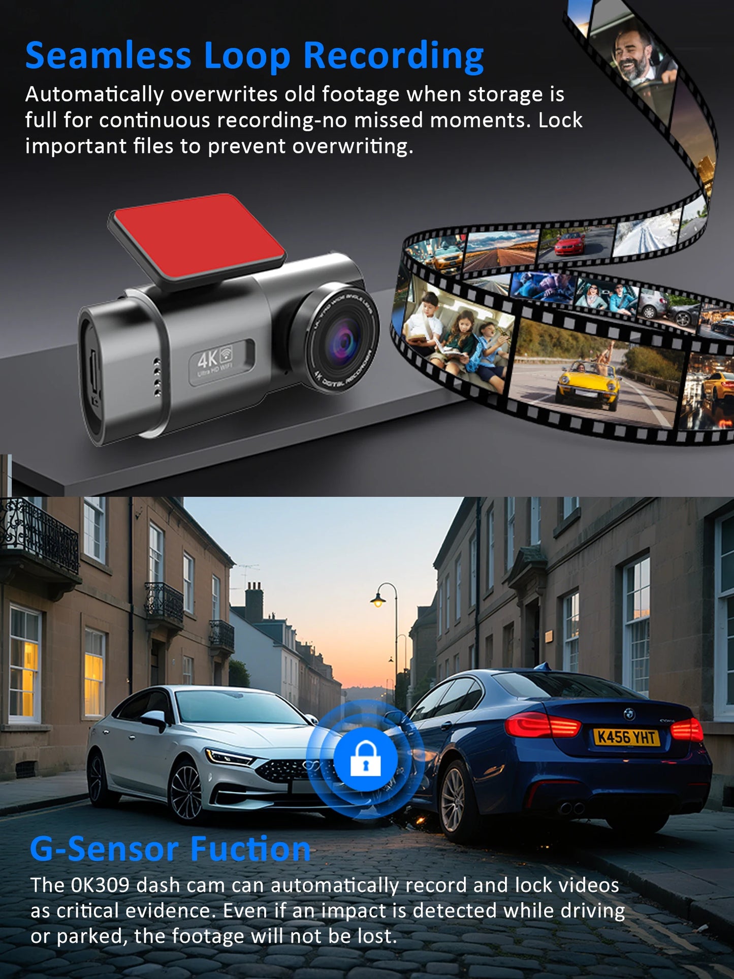 GMAIPOP 4K Dash Cam with GPS – Front & Rear Car DVR, WiFi, Night Vision & Parking Monitor