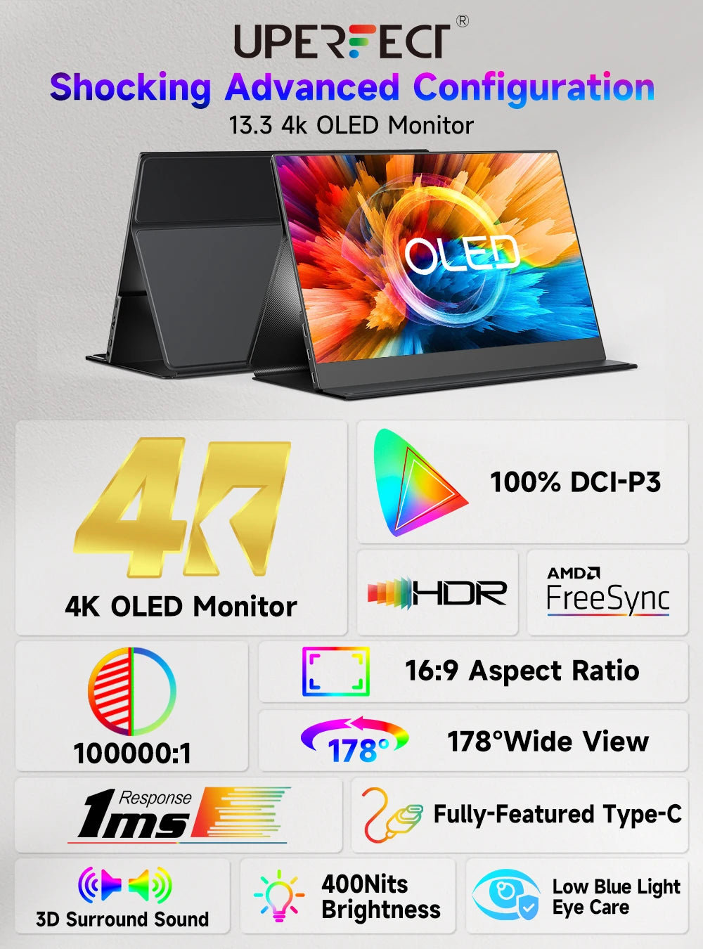 UPERFECT 13.3 Inch 4K OLED Portable Monitor with Speakers & USB-C / HDMI