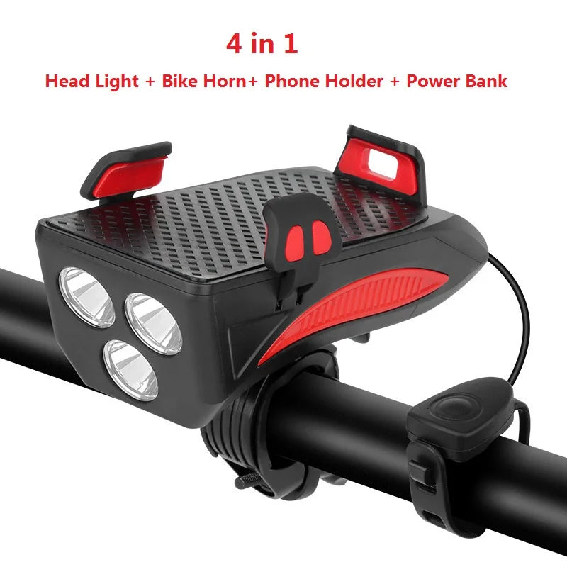 4-in-1 Bicycle Phone Holder with Headlight, Horn & 4000mAh Power Bank