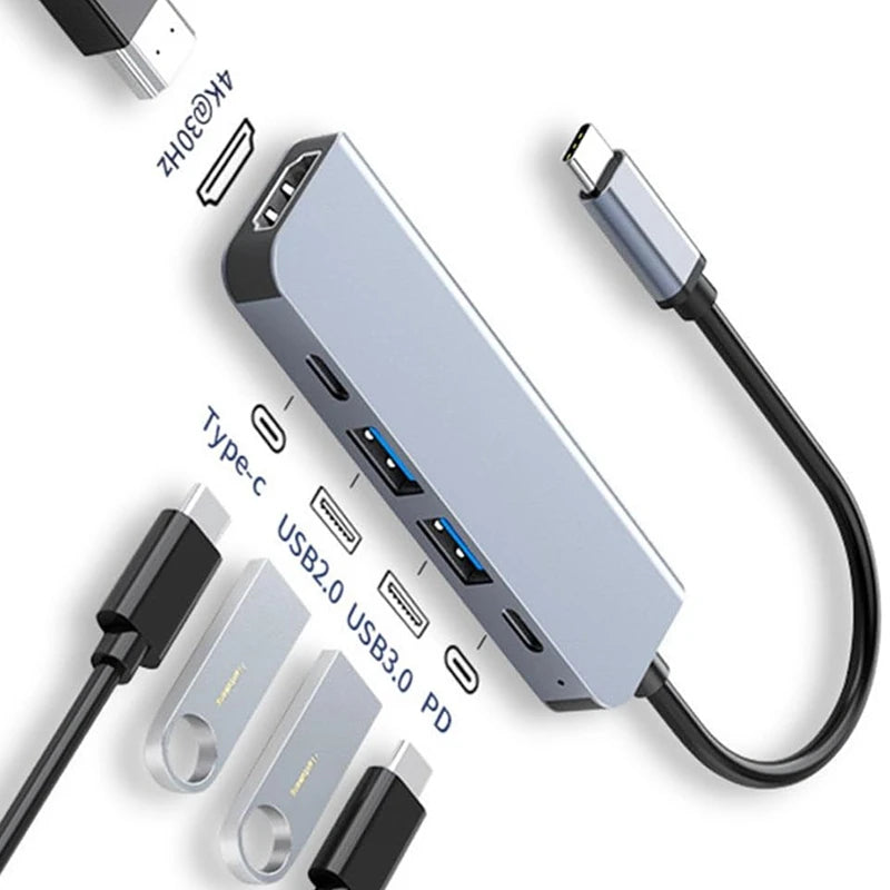 USB-C Hub to 4K HDMI Adapter – 5-in-1 Type-C Dock with PD Charging & Card Reader