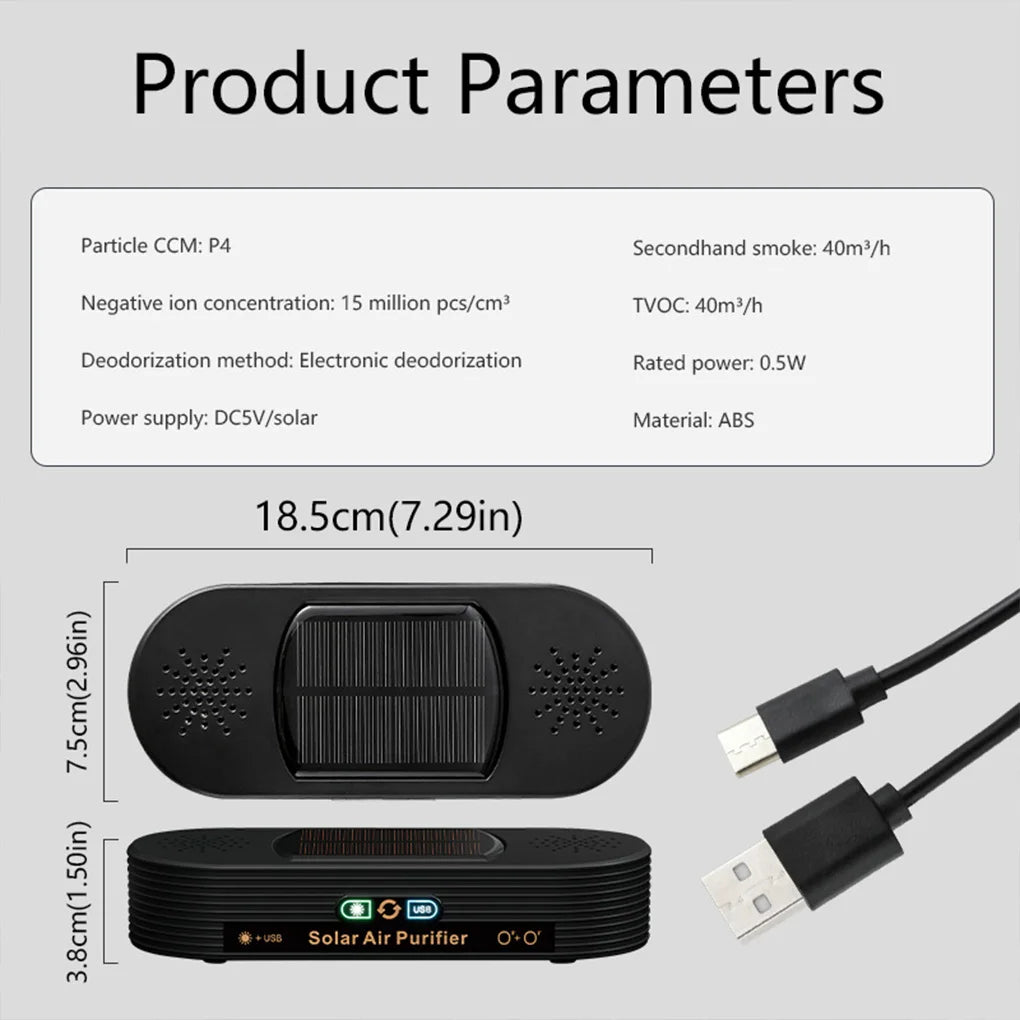 Solar USB Car Air Purifier – Dual-Mode Ion & Active Oxygen Ozone Cleaner with Auto Power Switch