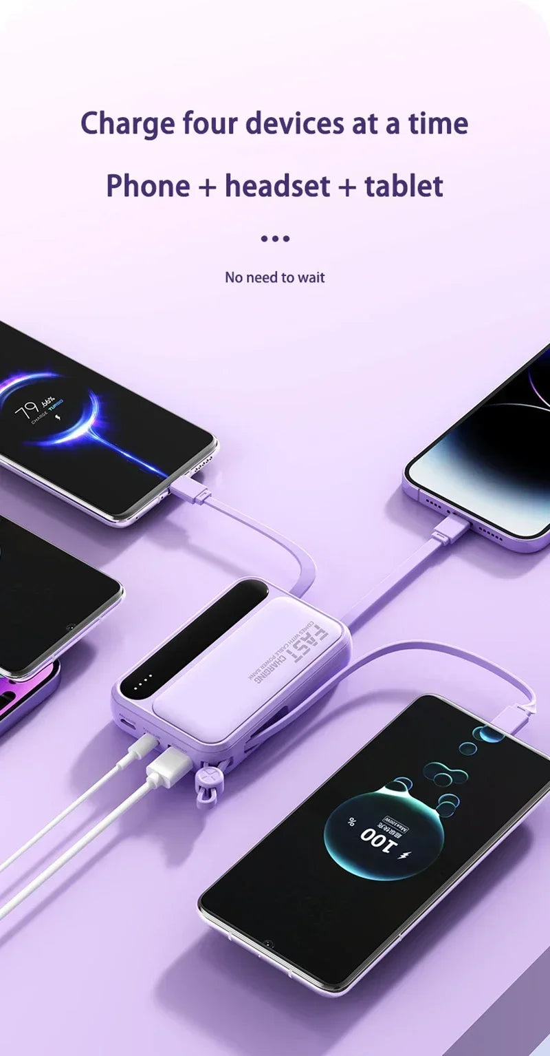 High-Capacity Power Bank 120W – Built-in 4 Cables, Digital Display (10000mAh / 30000mAh / 50000mAh)