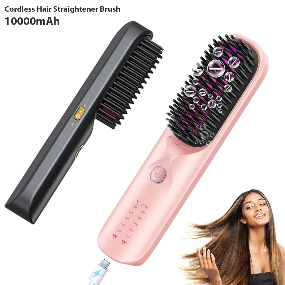 Cordless Hair Straightener Brush – Wireless, Adjustable Heat, Travel-Ready