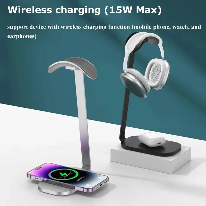 Premium Aluminium Headphone Stand with 15W Wireless Charging – Heavy Base Desk Holder