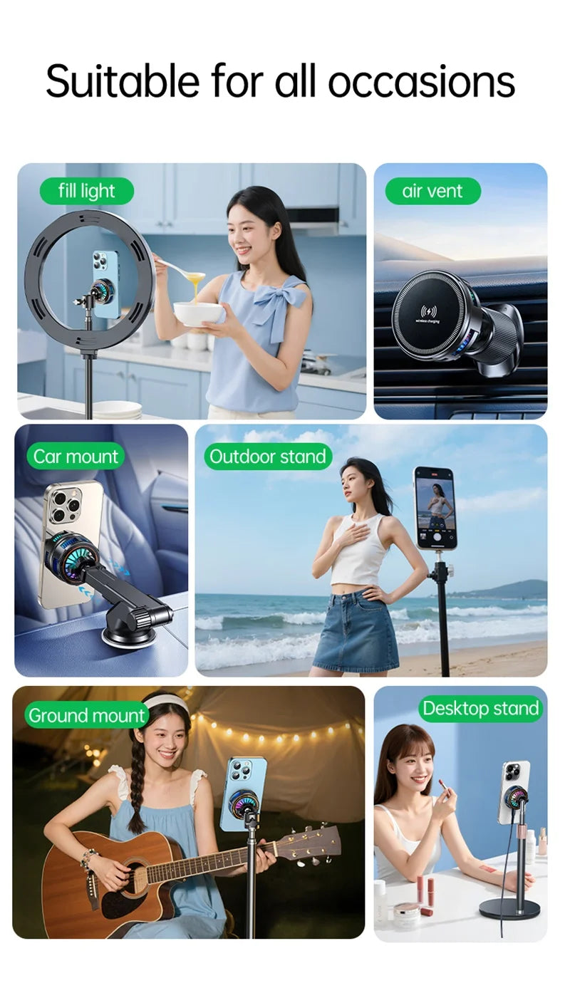 15W Magnetic Wireless Charger Car Mount with Semiconductor Cooling & RGB