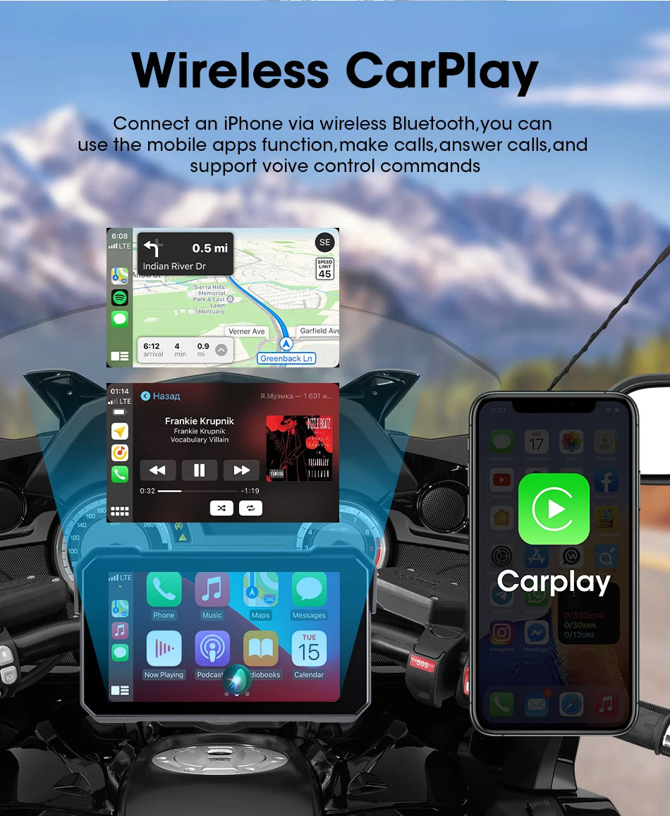 Jansite Portable Motorcycle CarPlay Screen – Dual Bluetooth, WiFi, IPX7 Waterproof