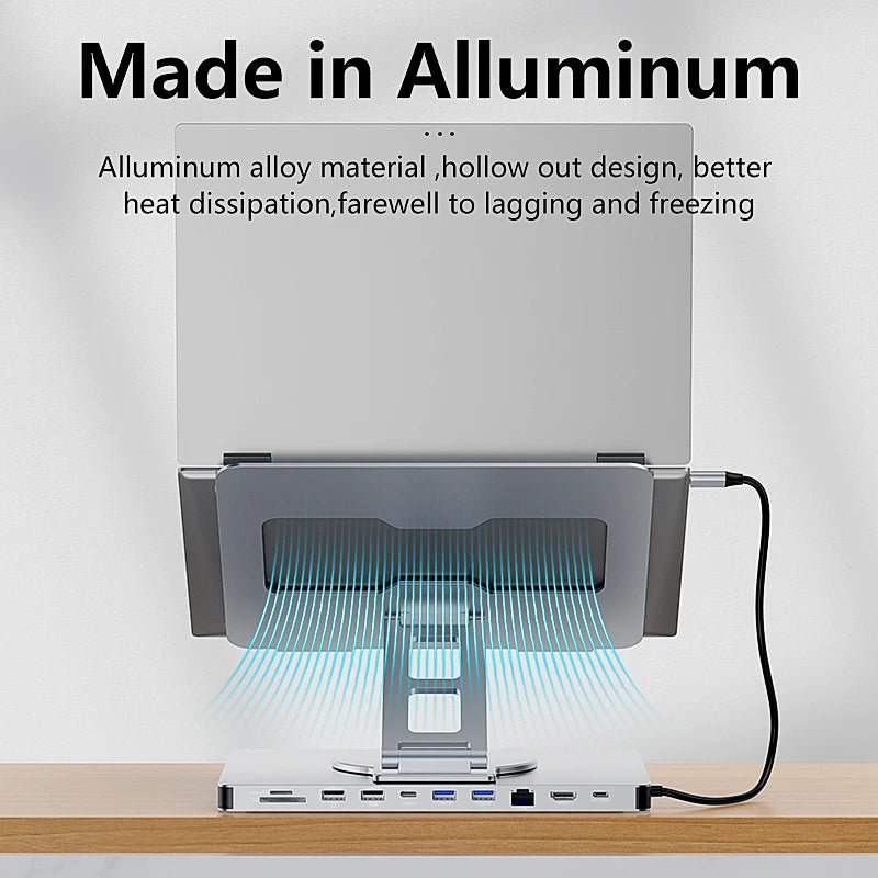 Aluminum Laptop Stand Hub 10-in-1 – USB-C Dock with 4K@60Hz HDMI, SD/TF & RJ45
