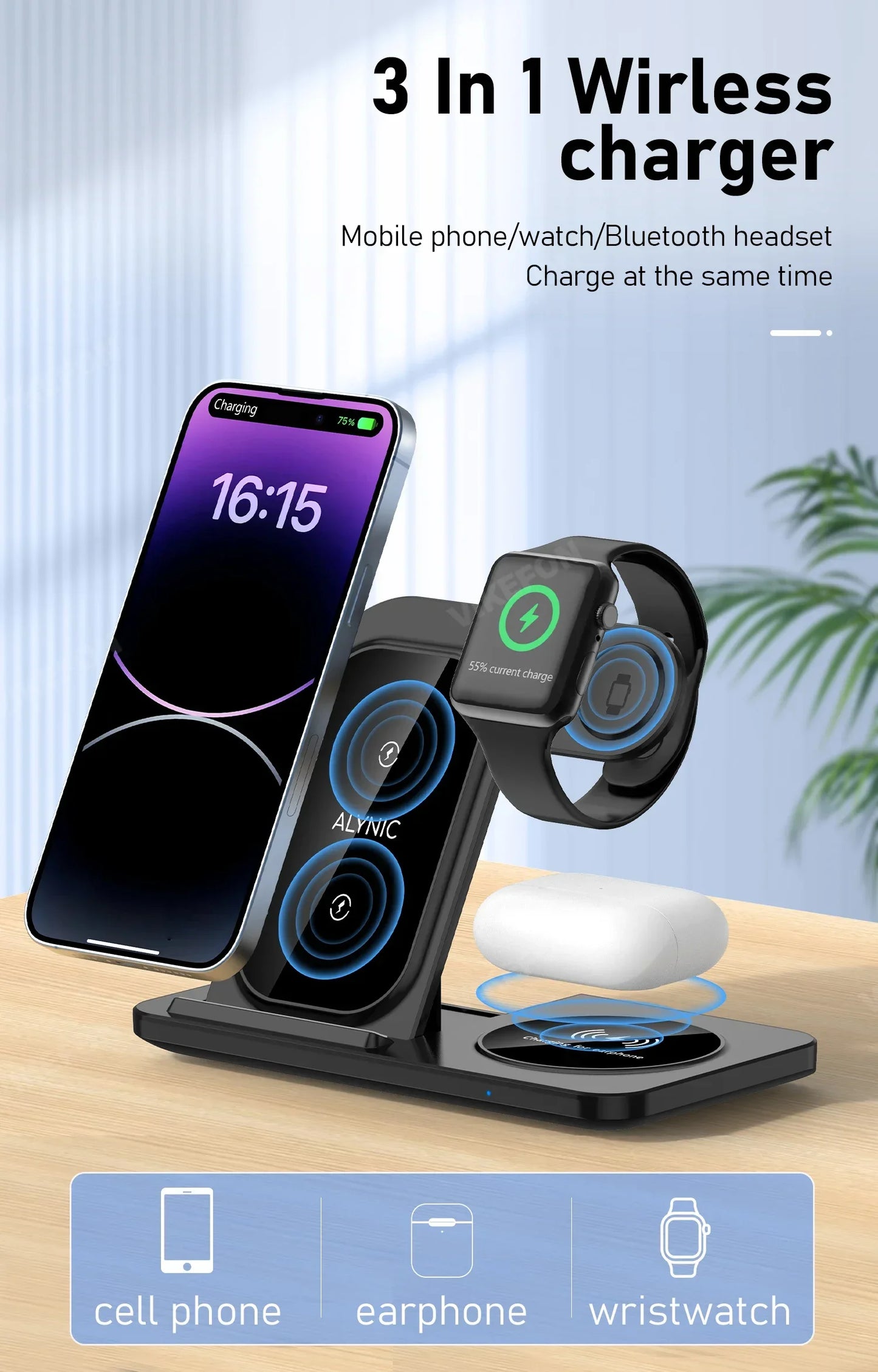 3-in-1 Foldable Fast Wireless Charger for iPhone, Watch & AirPods