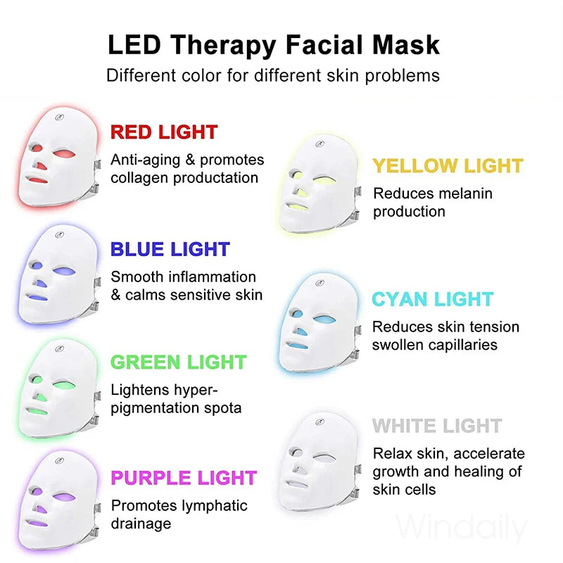 Windaily LED Face Mask with 7 Light Modes – Wireless USB Charging Beauty Therapy