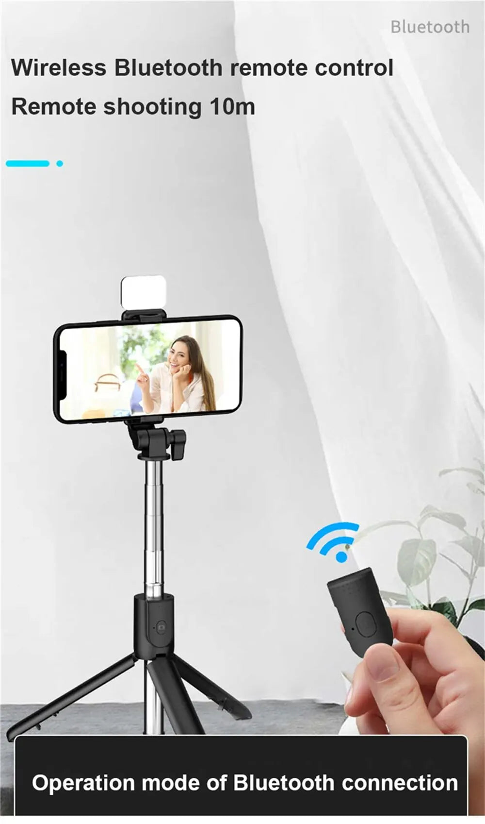 Compact Selfie Stick Tripod – Stainless Steel, Fill Light & Bluetooth Control