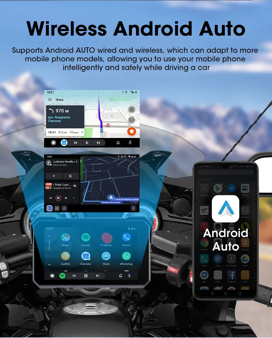 Jansite Portable Motorcycle CarPlay Screen – Dual Bluetooth, WiFi, IPX7 Waterproof