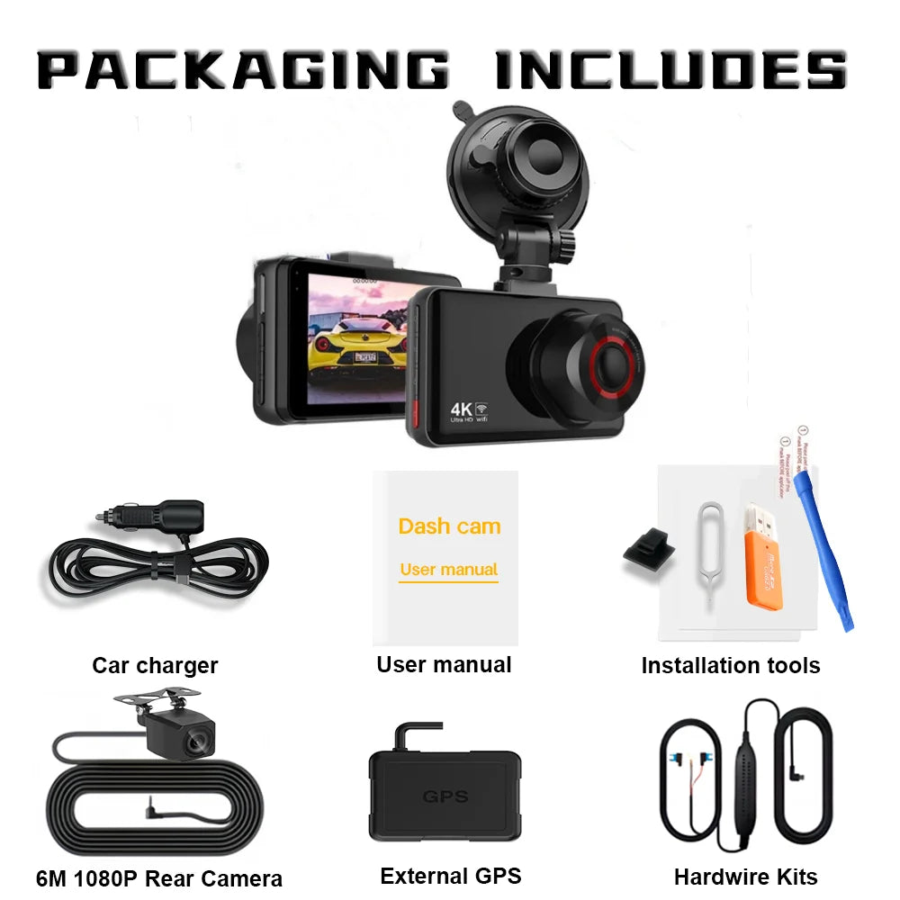 QOZ 4K Dual Lens Dash Cam – Front & Rear Car DVR with WiFi, Night Vision & Parking Monitor