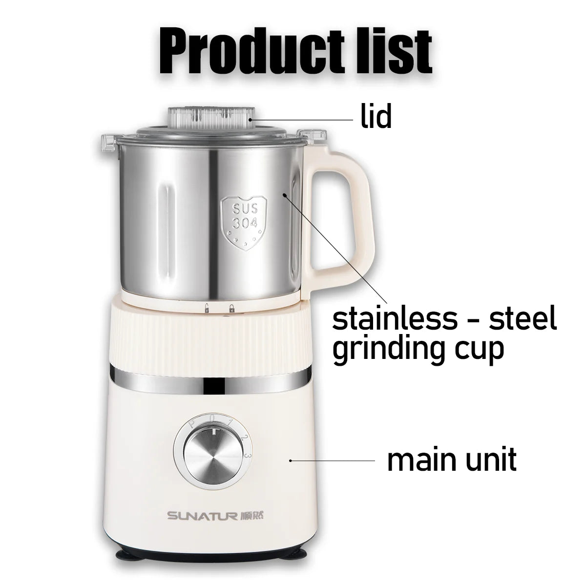 SUNATUR 500W Electric Food Grinder – 800ml Stainless Steel Grinding Cup with 4 Blades