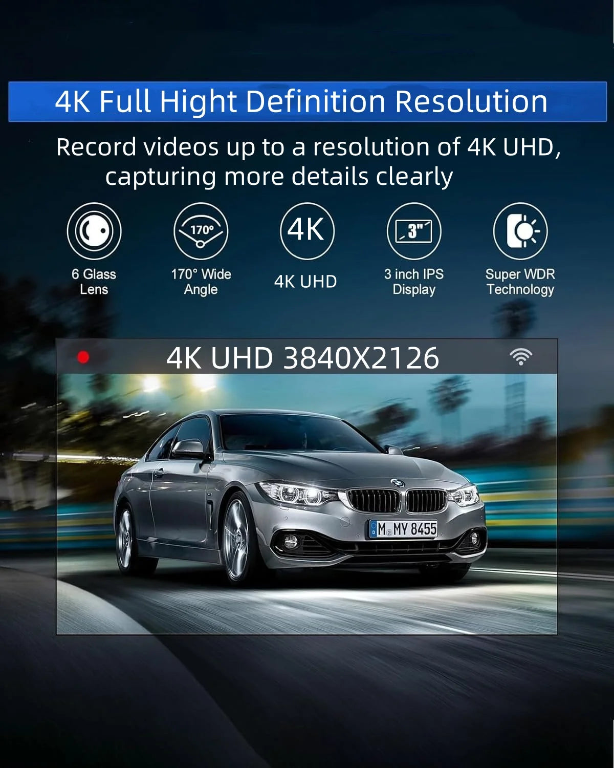 QOZ 4K Dual Lens Dash Cam – Front & Rear Car DVR with WiFi, Night Vision & Parking Monitor