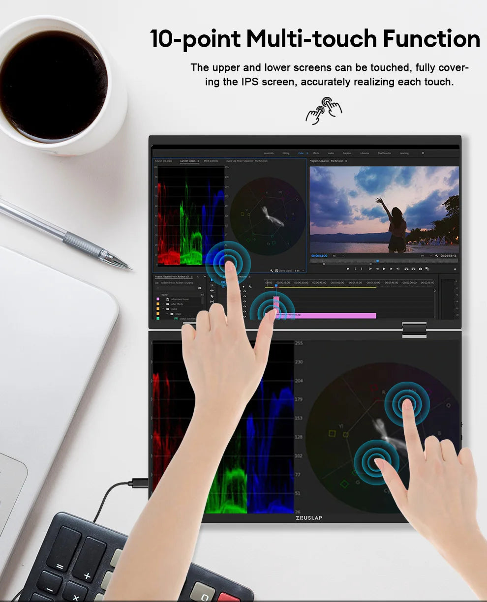 ZEUSLAP Z15WT 15.6″ Dual Touch Portable Monitor | Foldable Laptop Screen Extender | FHD IPS HDR10 | Thunderbolt USB-C