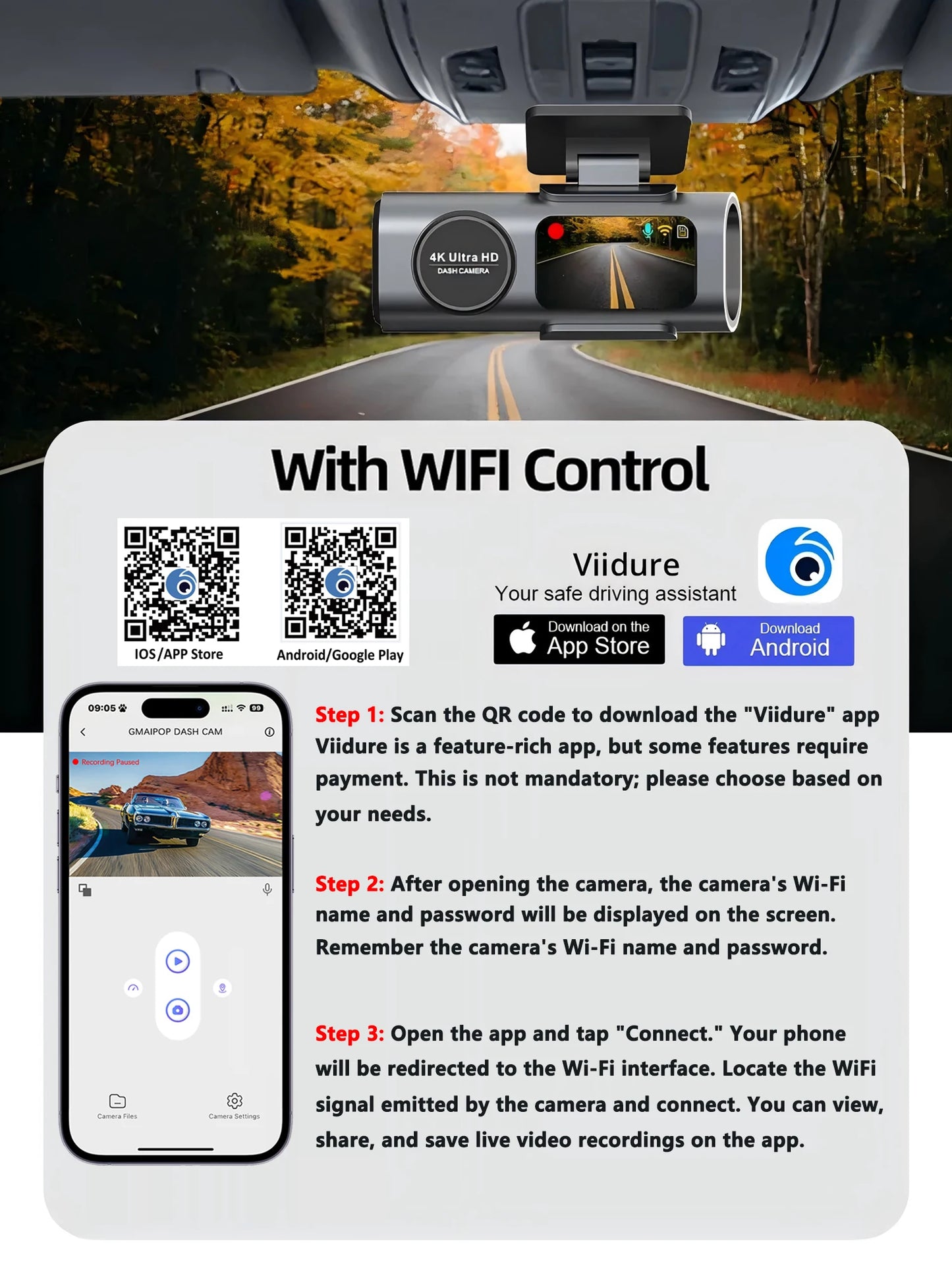 GMAIPOP 4K Dash Cam with GPS – Front & Rear Car DVR, WiFi, Night Vision & Parking Monitor