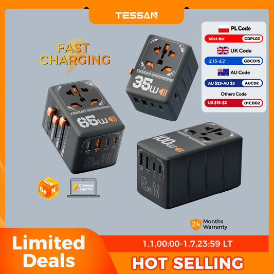 TESSAN 100W Universal Travel Adapter GaN – US EU UK AU Plug with USB-C PD Fast Charging