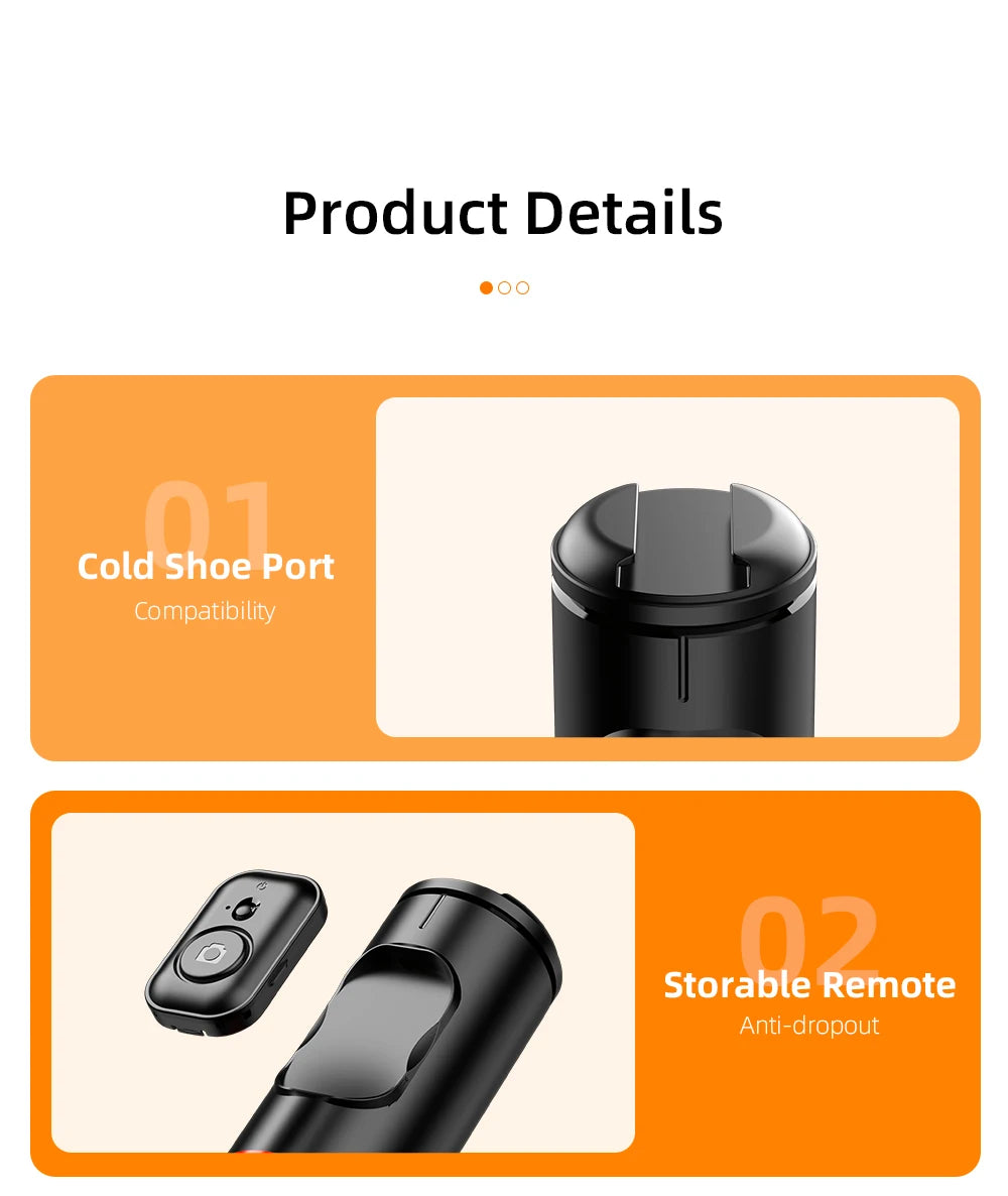 Hidden-Design Bluetooth Selfie Stick Tripod 183cm with Cold Shoe