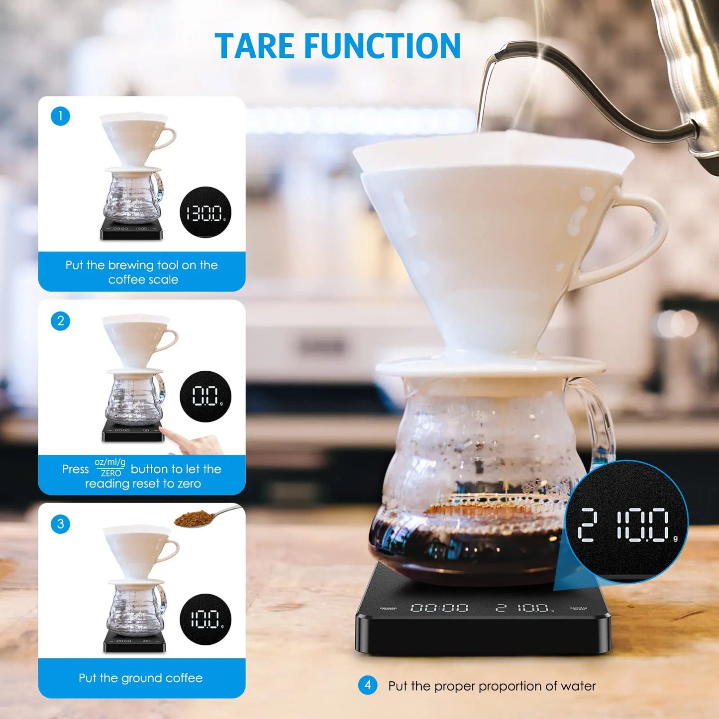 High Precision Coffee Scale 0.1g – 3kg Digital Espresso Scale with Dual Timer & LED Display