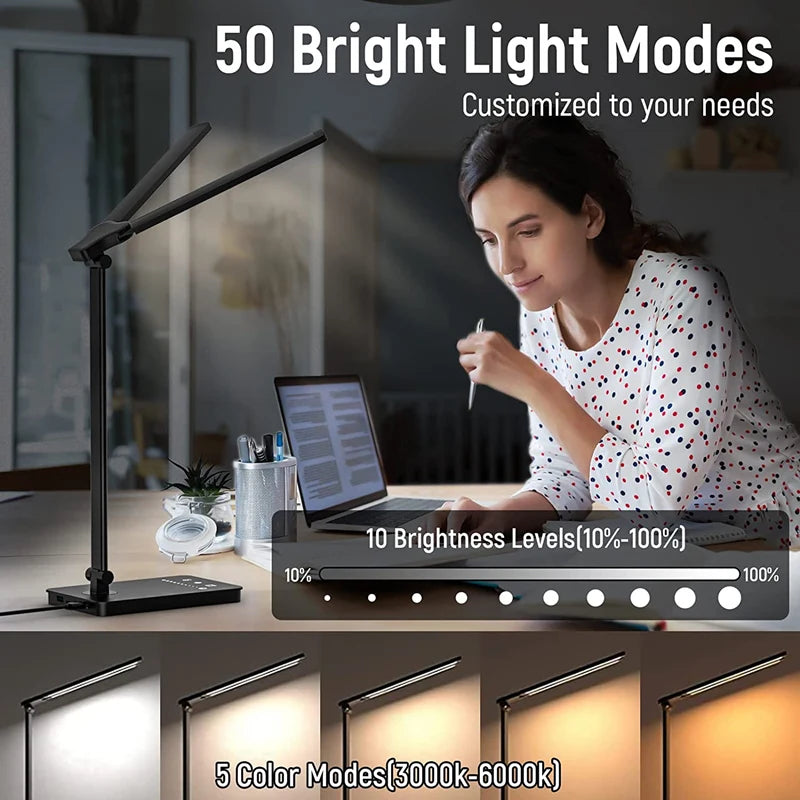 Double-Head LED Desk Lamp with USB Charging | Eye-Care Touch Control, 50 Lighting Modes