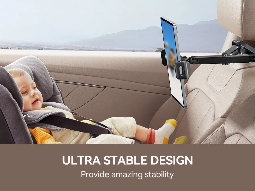 Car Headrest Tablet Holder – Foldable 360° Adjustable Backseat Mount