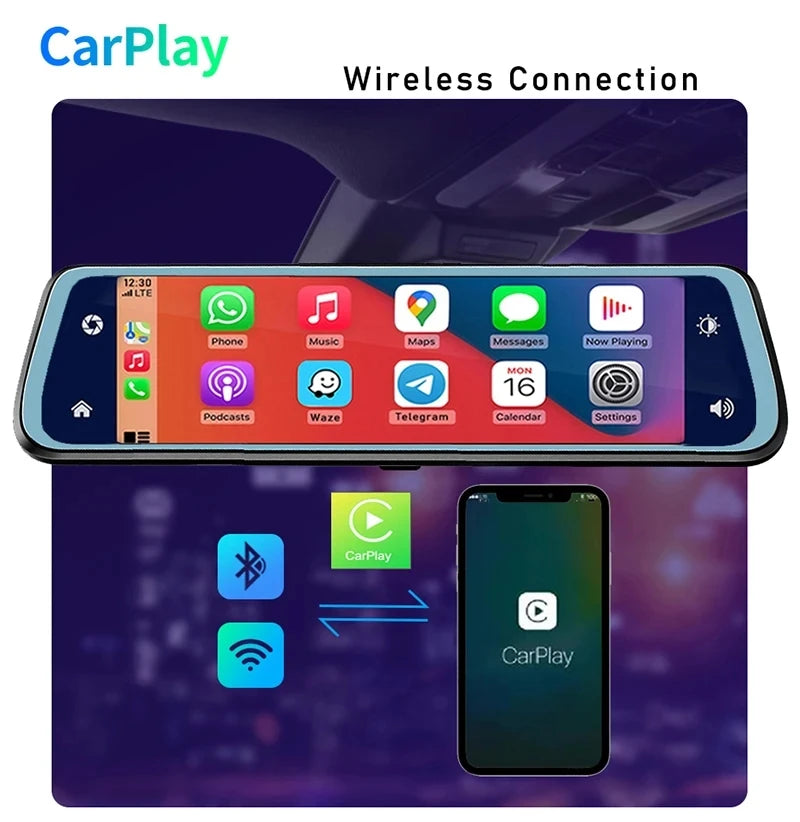 10″ 4K Car DVR Touch Screen with Wireless CarPlay & Android Auto – Front & Rear Dash Cam