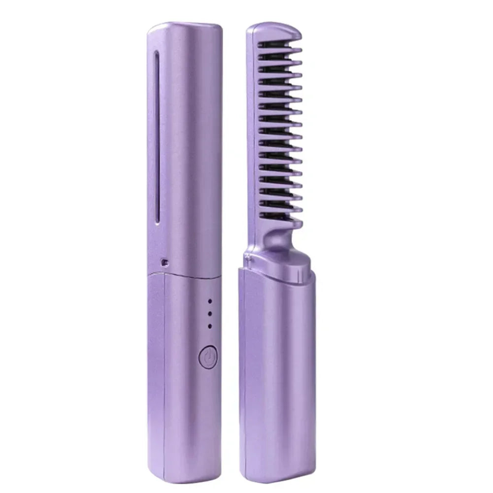 2-in-1 Mini Cordless Hair Straightener Comb – USB Rechargeable Portable Styling Tool