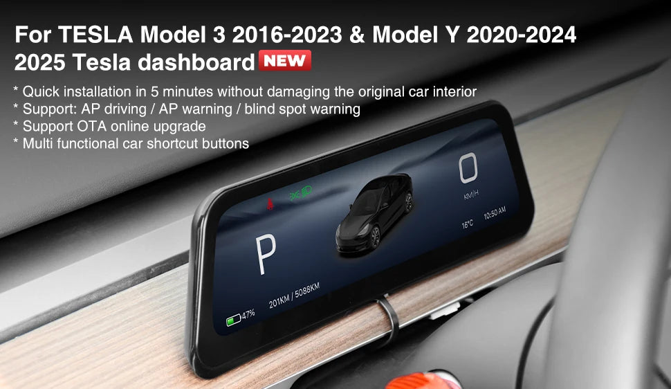 CATRONICS 9.6″ Tesla Instrument Cluster HUD – Linux Display with Wireless CarPlay & Android Auto, Blind Spot Alerts