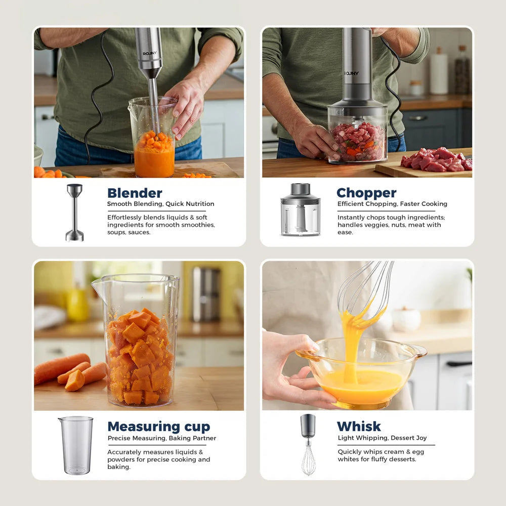 ROUNY 4-in-1 Hand Blender 1000W – Stainless Steel Immersion Blender with Chopper & Whisk