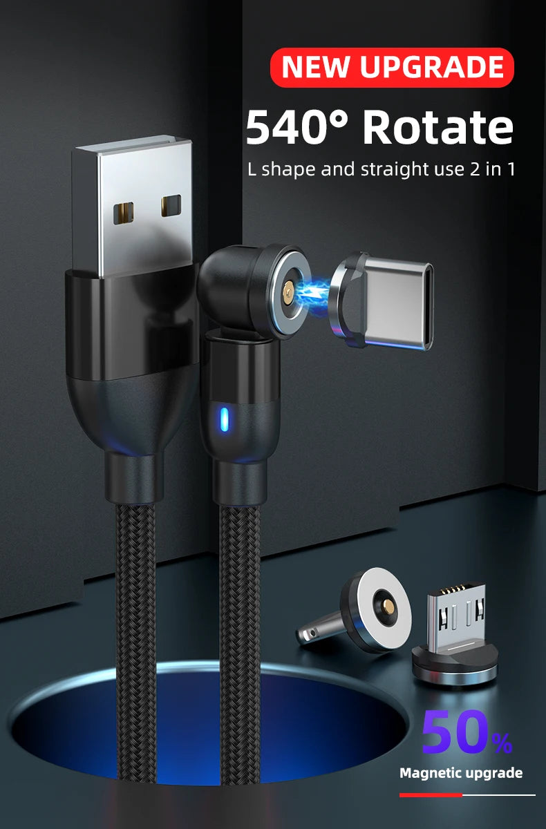 540° Rotating Magnetic Charging Cable | 3-in-1 USB-A to Type-C / Micro USB / Lightning