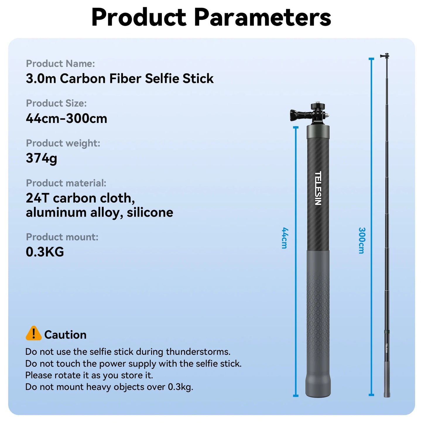 Carbon Fiber Selfie Stick 3m – Lightweight Extendable Pole for GoPro & Action Cameras