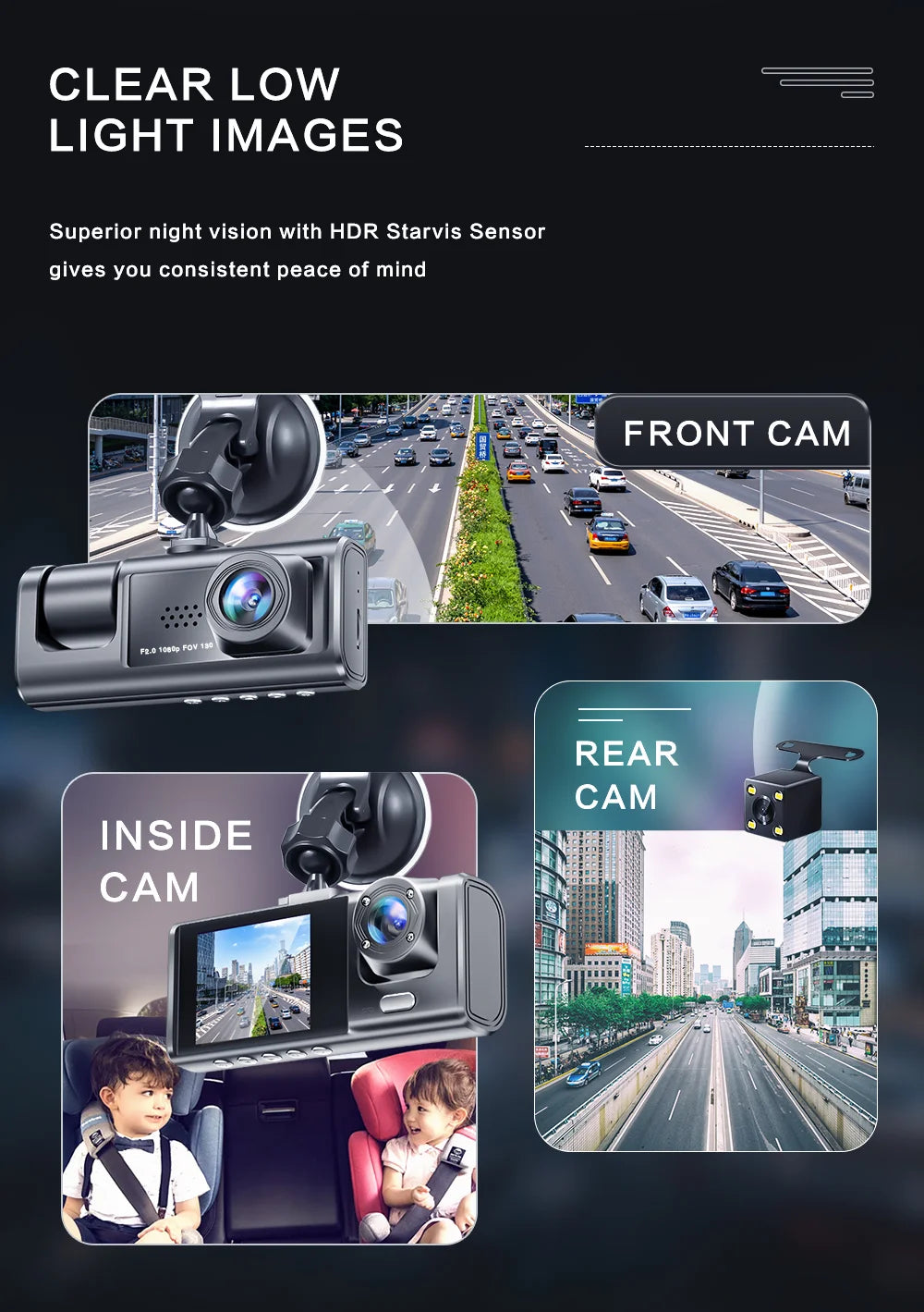 Baideluo Dual / Triple Lens Dash Cam – Front, Cabin & Rear Car DVR with Night Vision