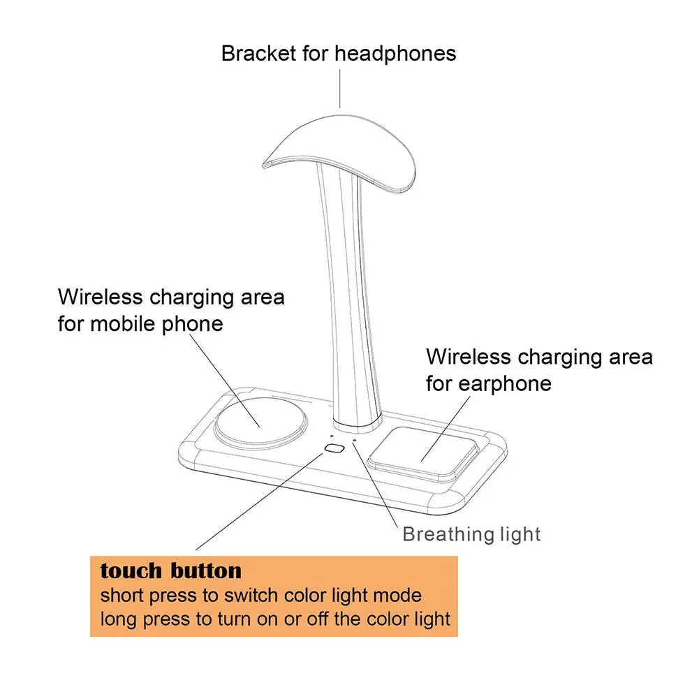 Multifunction Headphone Holder with Wireless Charger – Desk Stand with Ambient Light