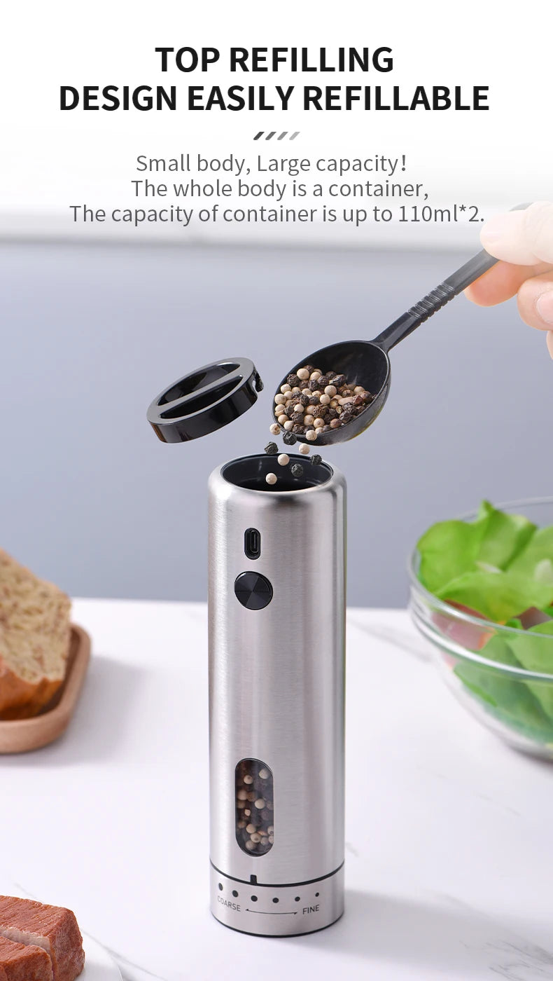 FLYMUYU Electric Salt & Pepper Grinder – Rechargeable Stainless Steel Spice Mill with Adjustable Coarseness & LED Light