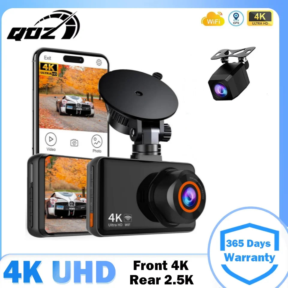 QOZ 4K Dual Lens Dash Cam – Front & Rear Car DVR with WiFi, Night Vision & Parking Monitor