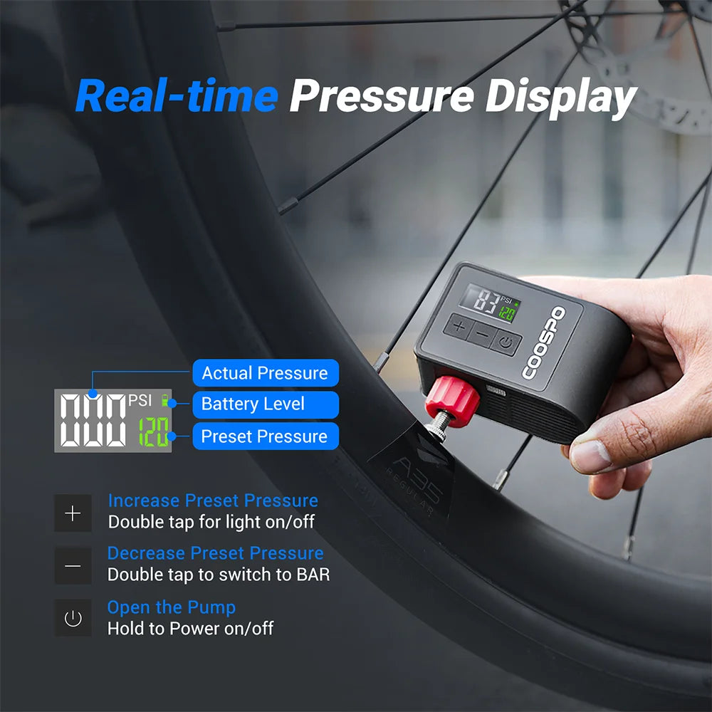 COOSPO Smart Electric Bicycle Tire Pump with Digital Pressure Display Rechargeable Portable Inflator