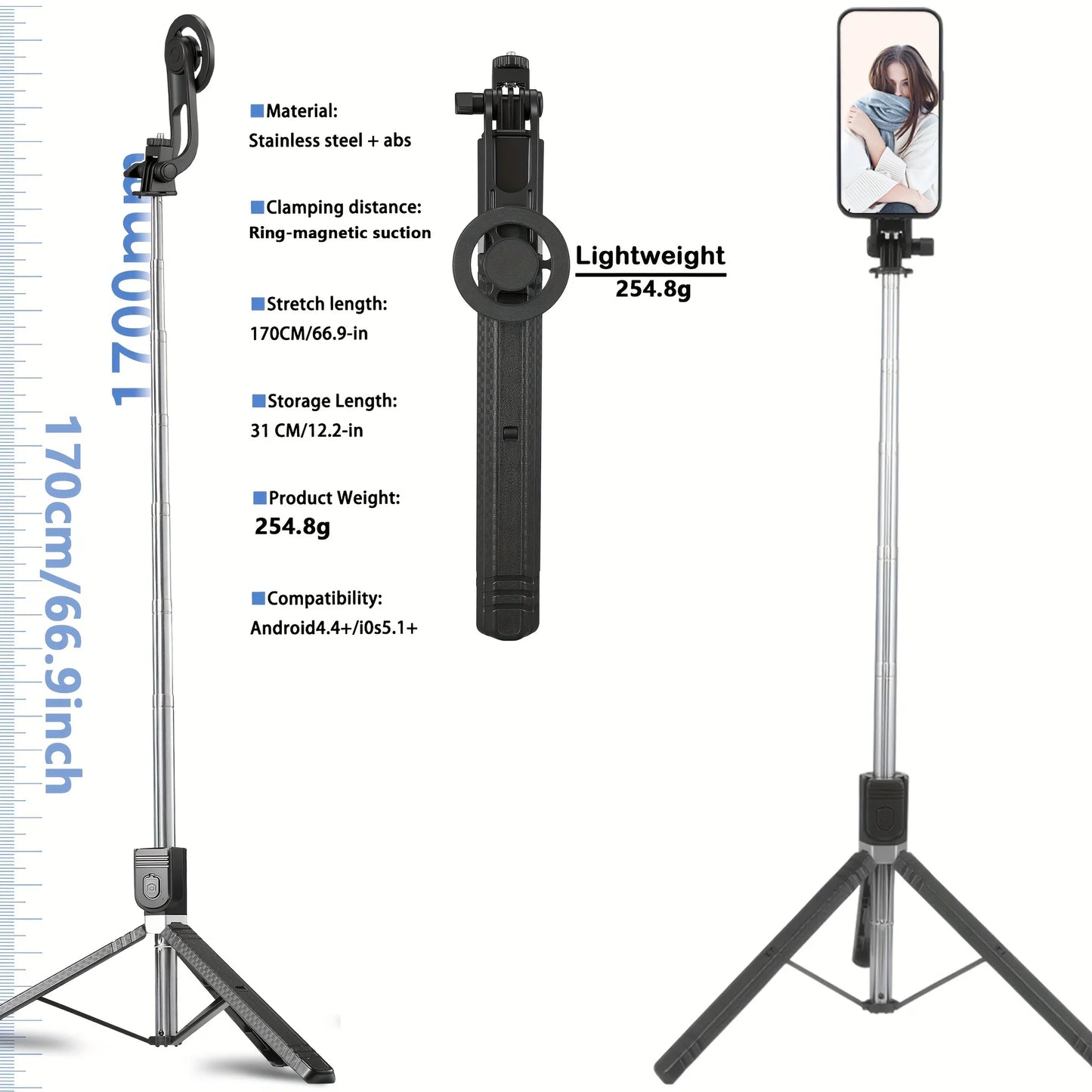 Magnetic Bluetooth Selfie Stick Tripod – 1.7m Quick-Release Stand