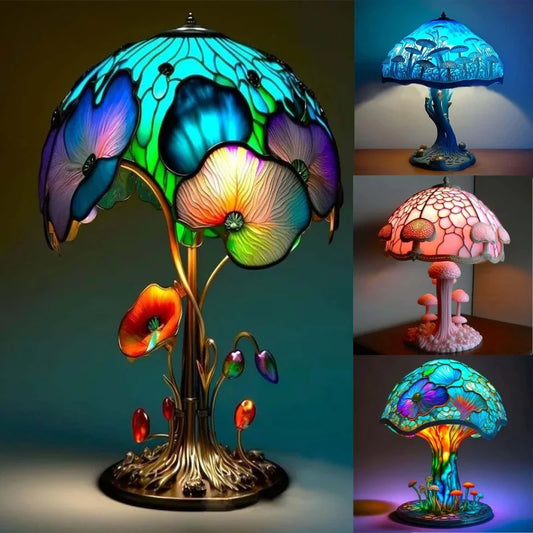 Creative Stained Glass Mushroom Table Lamp | Colorful Atmosphere Bedside Light