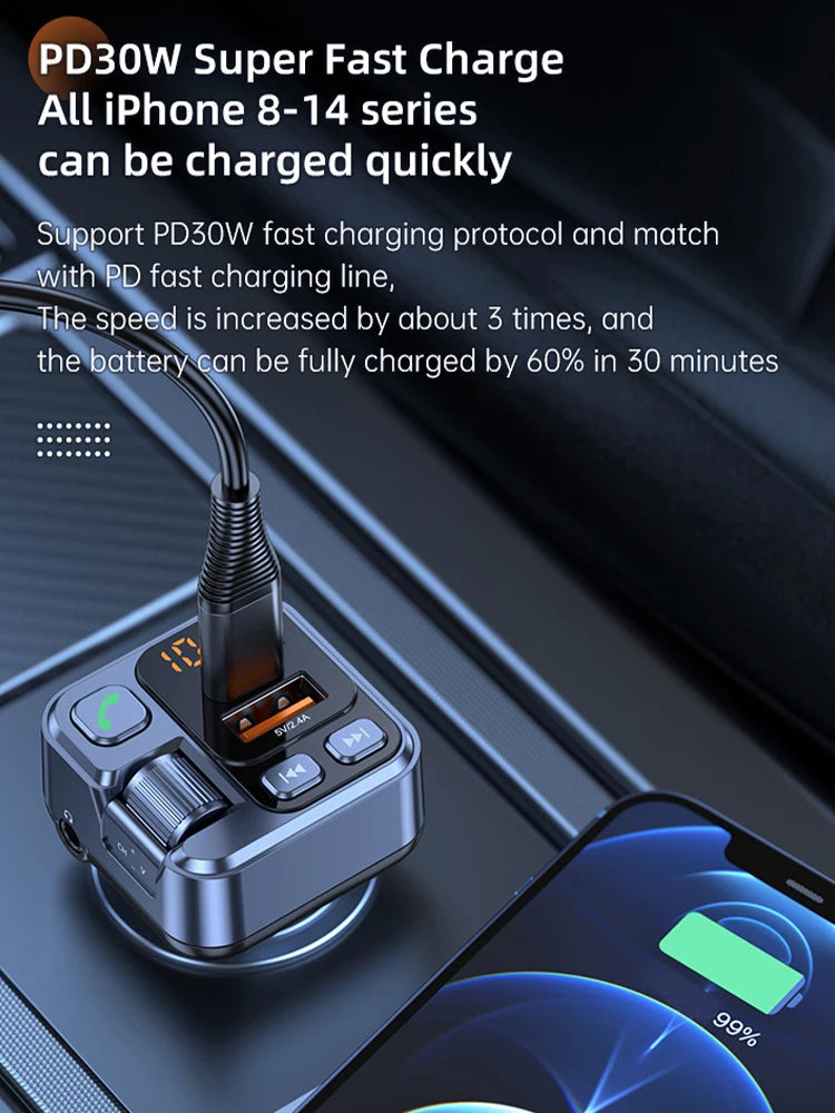 Q28 Bluetooth 5.1 FM Transmitter Car Charger | Dual USB & Type-C Fast Charging with Voltage Display