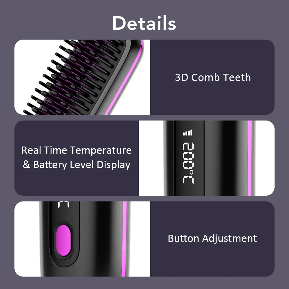 Cordless Hair Straightener Brush – Wireless Ceramic Heated Comb with Ions