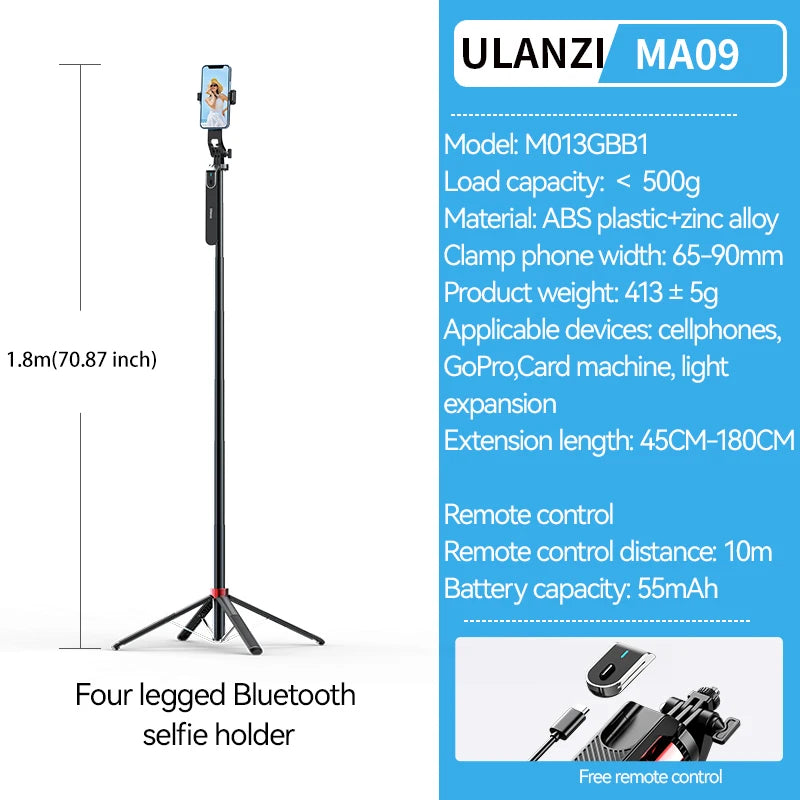 Ulanzi 1.8M Smartphone Selfie Stick Tripod – Bluetooth Remote & 360° Head