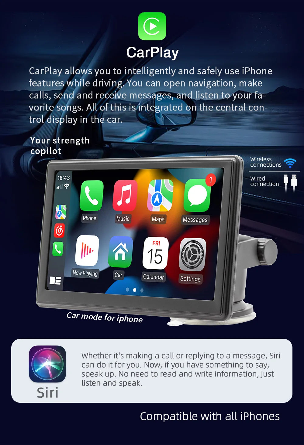 BQCC 7” Portable Wireless CarPlay & Android Auto MP5 Car Playe