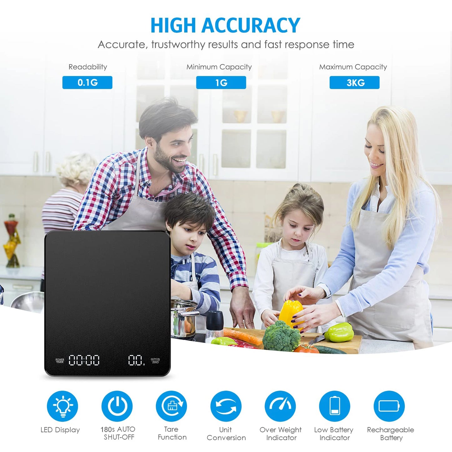 High Precision Coffee Scale 0.1g – 3kg Digital Espresso Scale with Dual Timer & LED Display