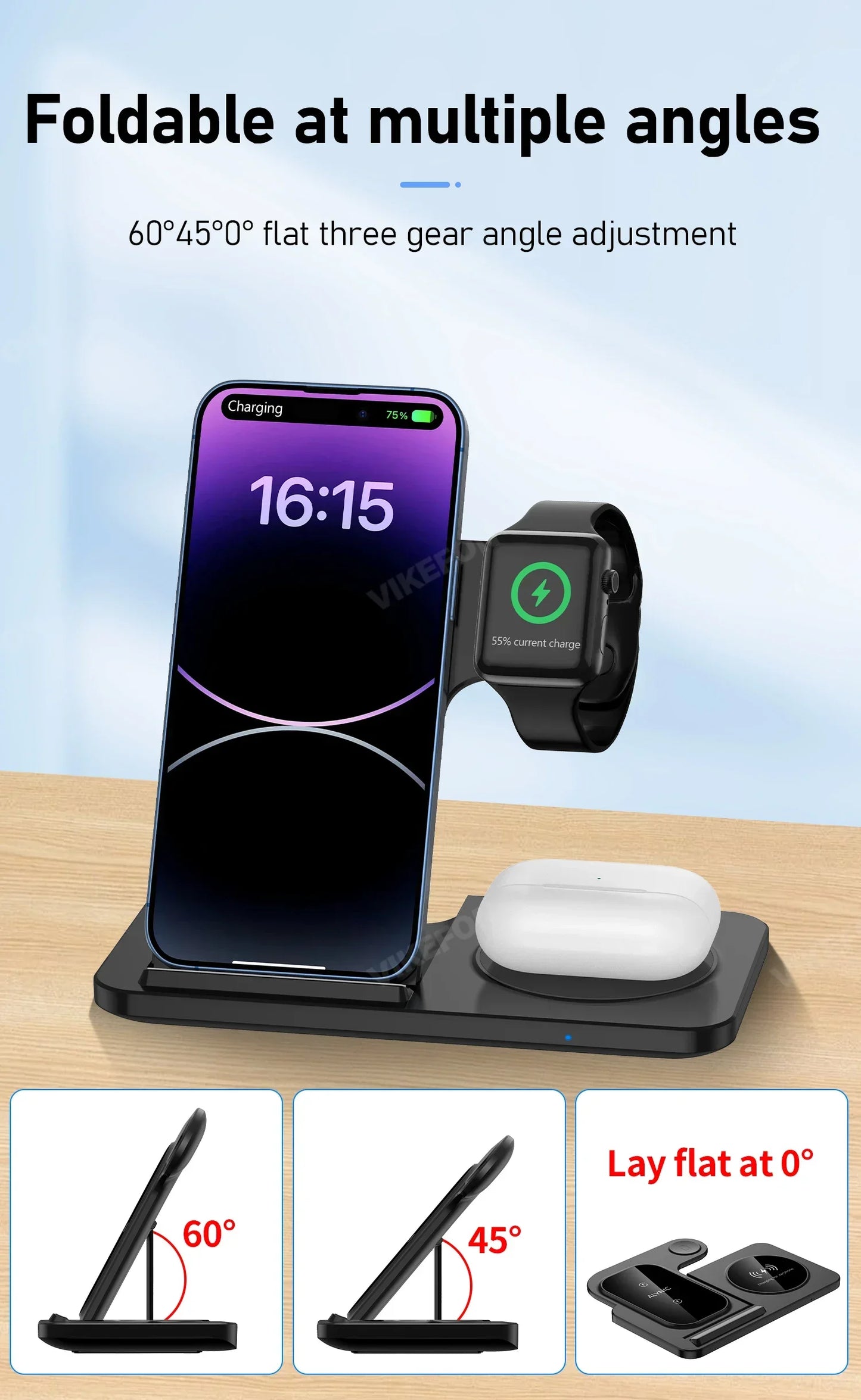 3-in-1 Foldable Fast Wireless Charger for iPhone, Watch & AirPods