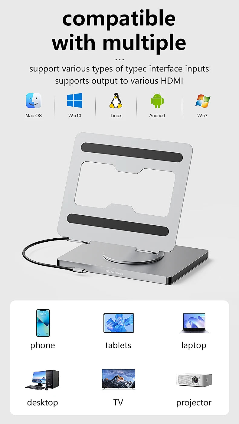 Aluminum Laptop Stand Hub 10-in-1 – USB-C Dock with 4K@60Hz HDMI, SD/TF & RJ45