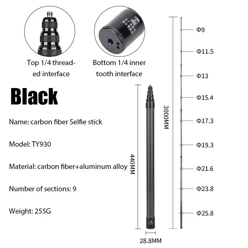 3m Carbon Fiber Invisible Selfie Stick for Insta360 & Action Cameras