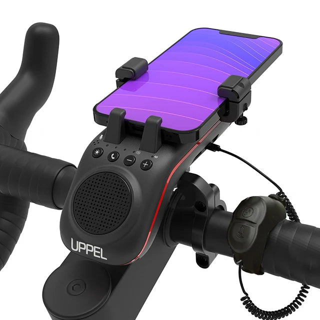 UPPEL M208 4-in-1 Bike Phone Mount with Bluetooth Speaker, LED Headlight & Horn – 5000mAh Rechargeable Handlebar Holder
