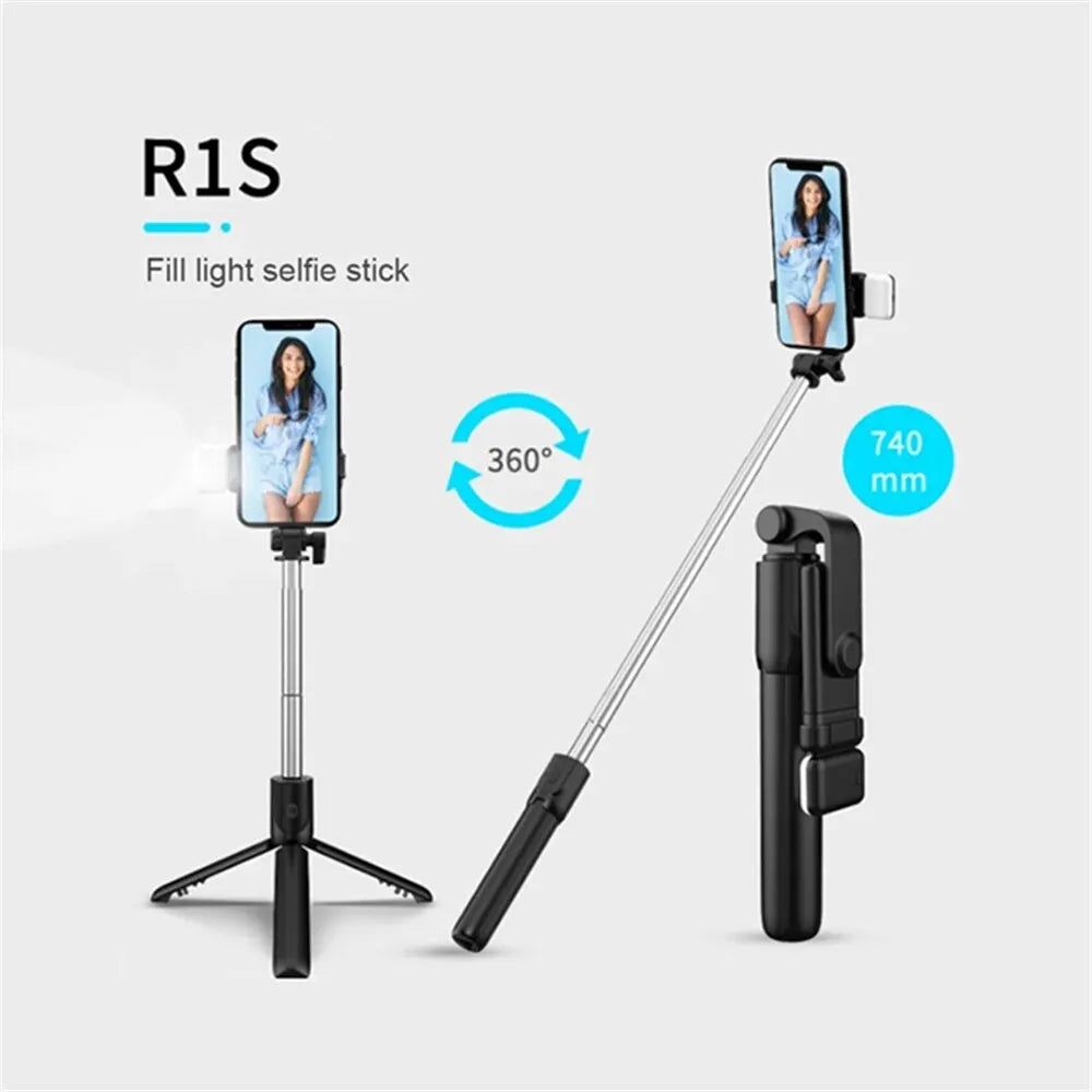 Compact Selfie Stick Tripod – Stainless Steel, Fill Light & Bluetooth Control