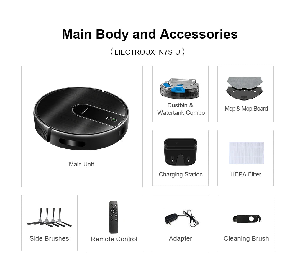 Liectroux N7S-U Smart Robot Vacuum Cleaner – Wet & Dry Mop, HEPA Filter, Alexa Ready